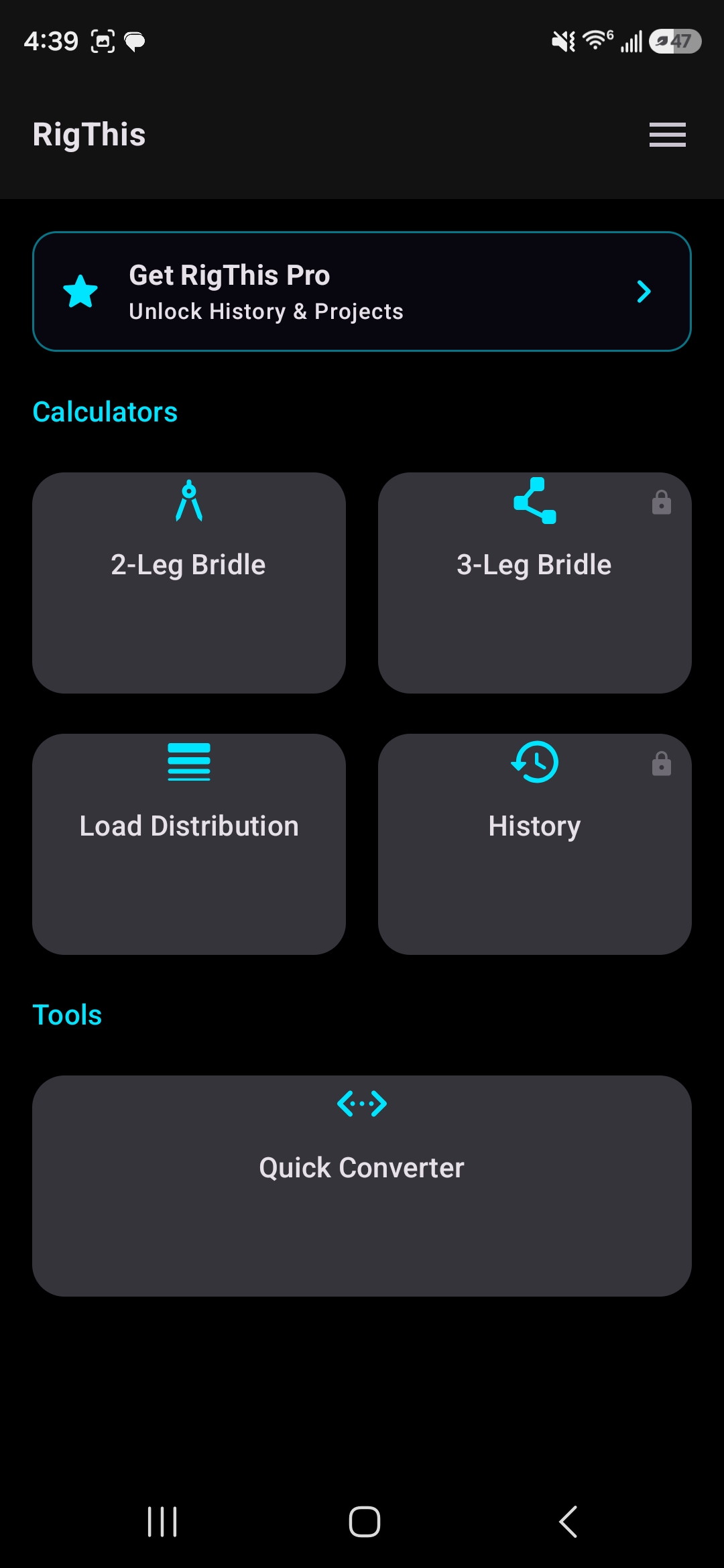 RigThis home screen: calculators, Pro upgrade, and tools