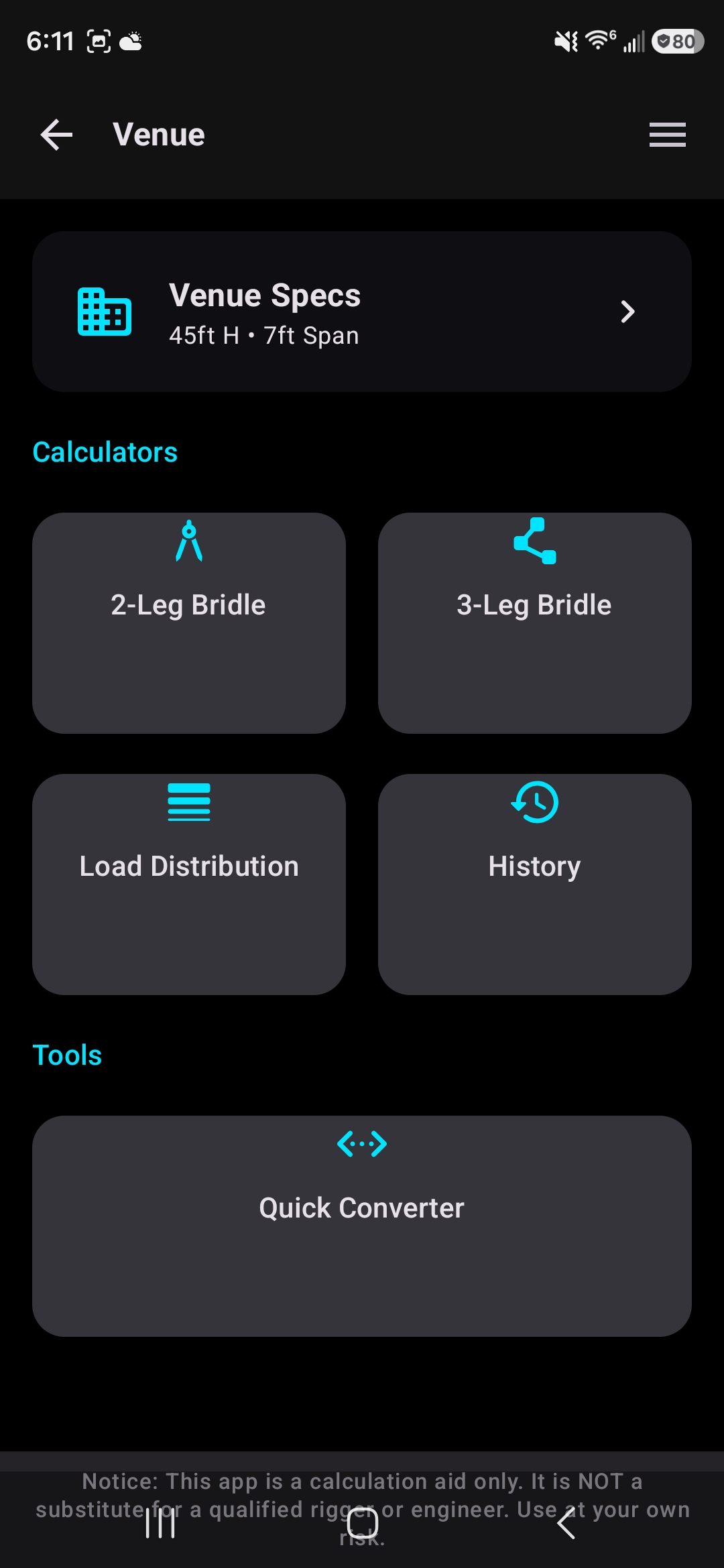 Venue hub: saved specs and calculators for bridles and load distribution